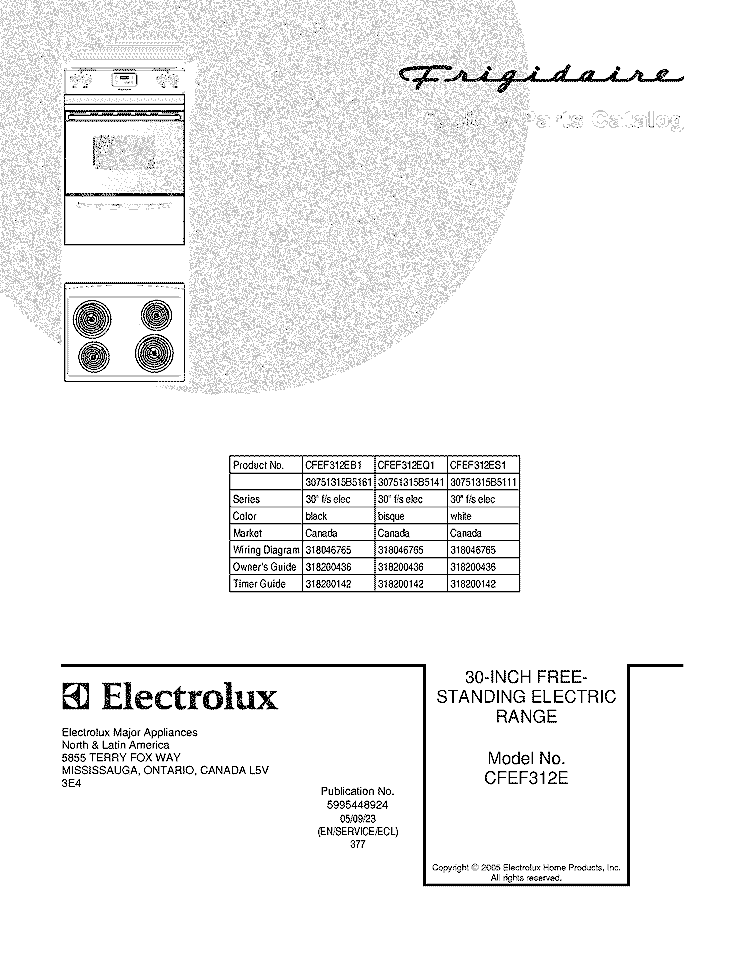 COVER Diagram and Parts List for CFEF312EQ1  Frigidaire Range