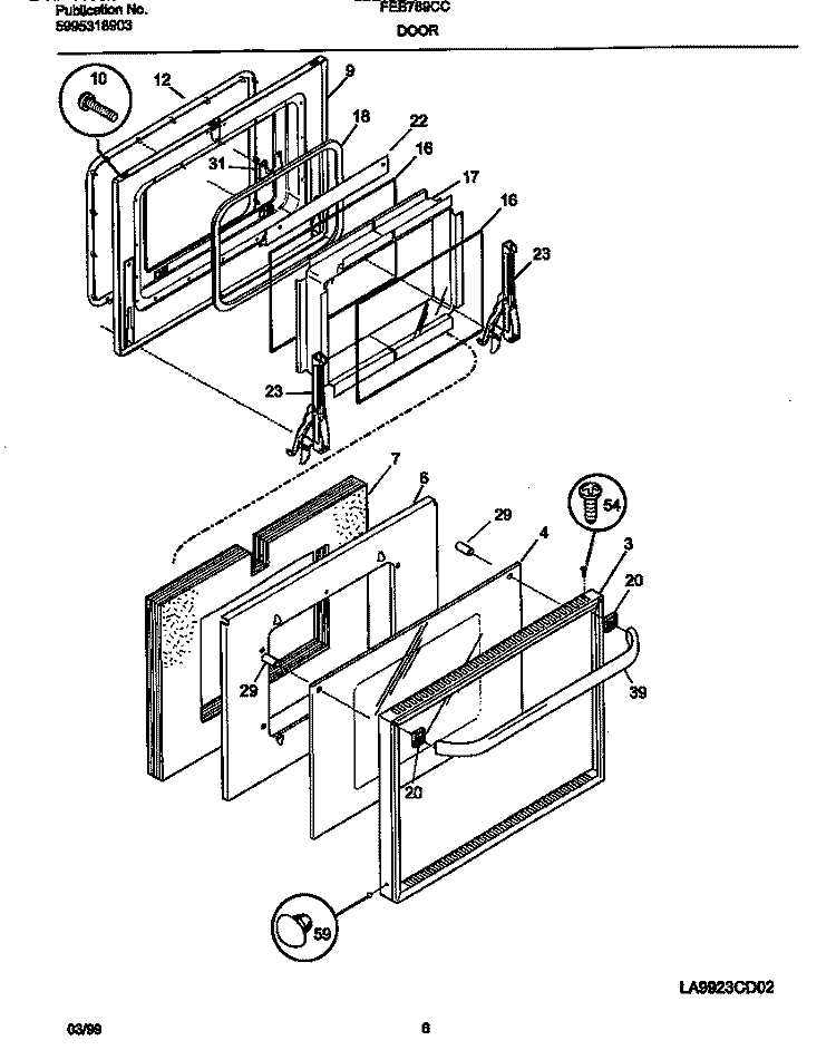 DOOR Diagram and Parts List for FEB789CCSG  Frigidaire Wall Oven