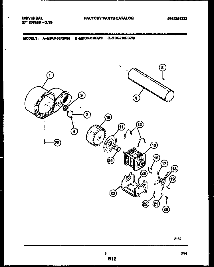 BLOWER AND DRIVE PARTS Diagram and Parts List for MDG336MBW0  Tappan Dryer