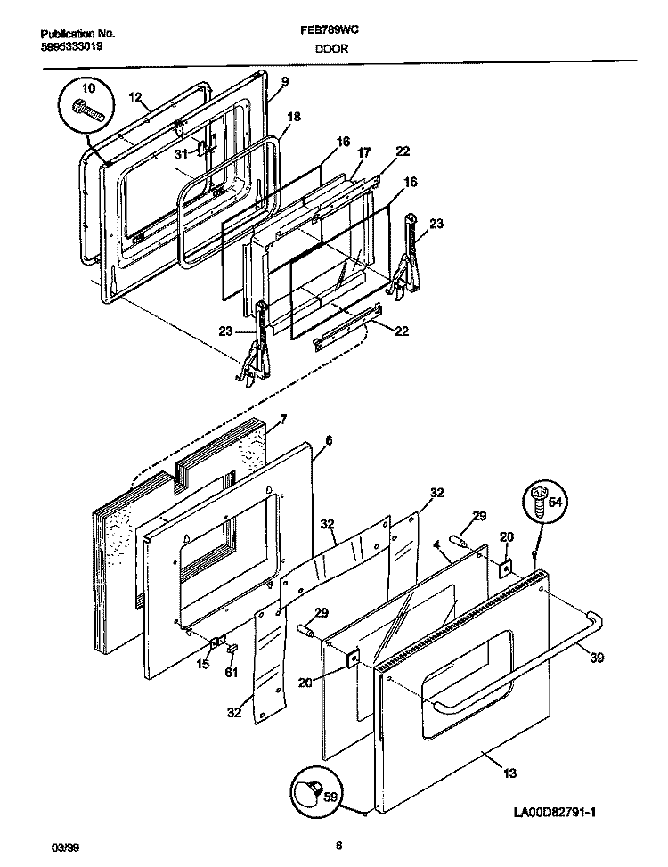 DOOR Diagram and Parts List for FEB789WCCH  Frigidaire Wall Oven