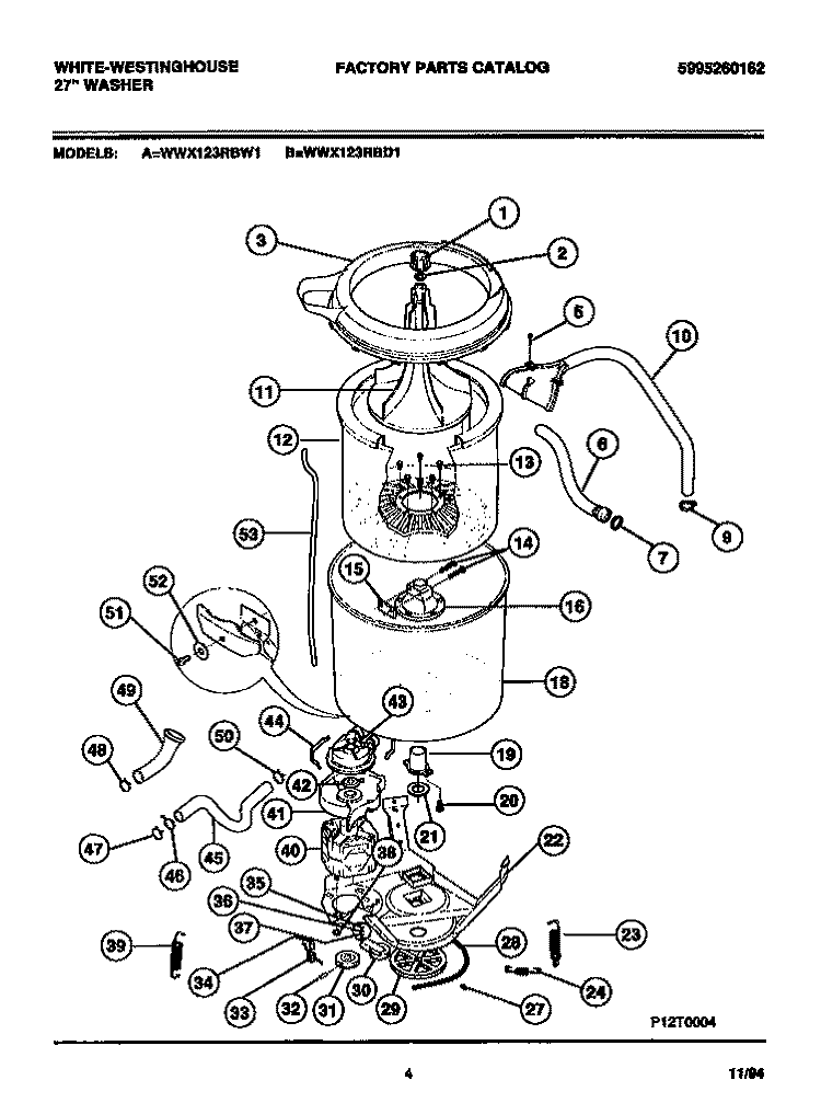 TUBS, HOSES, MOTOR Diagram and Parts List for WWX123RBW1  Frigidaire Washer