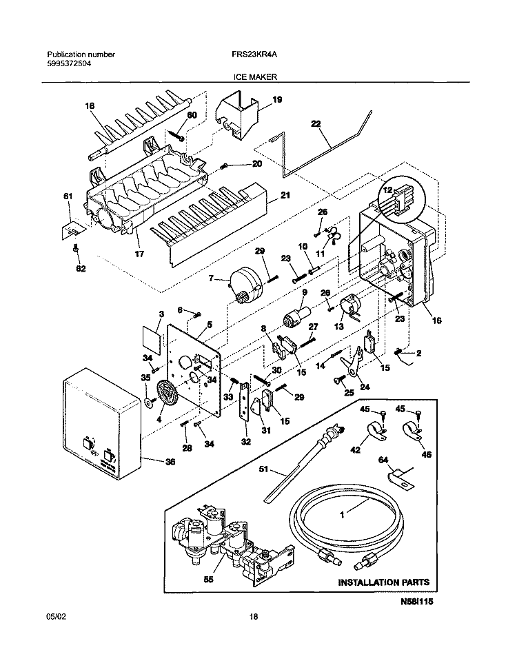 ICE MAKER Diagram and Parts List for FRS23KR4AQ5  Frigidaire Refrigerator