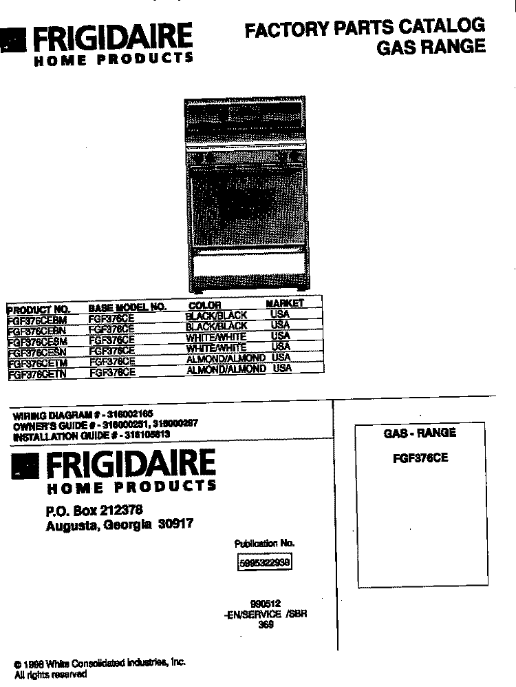 COVER Diagram and Parts List for FGF376CETM  Frigidaire Range