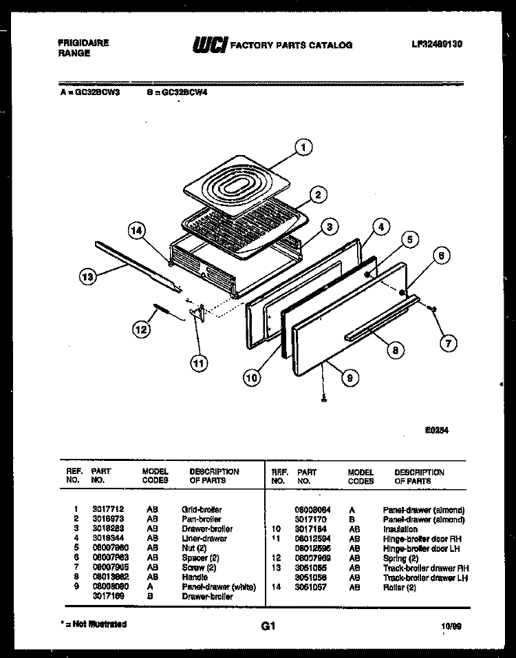 BROILER DRAWER PARTS Diagram and Parts List for GC32BCW4  Frigidaire Range