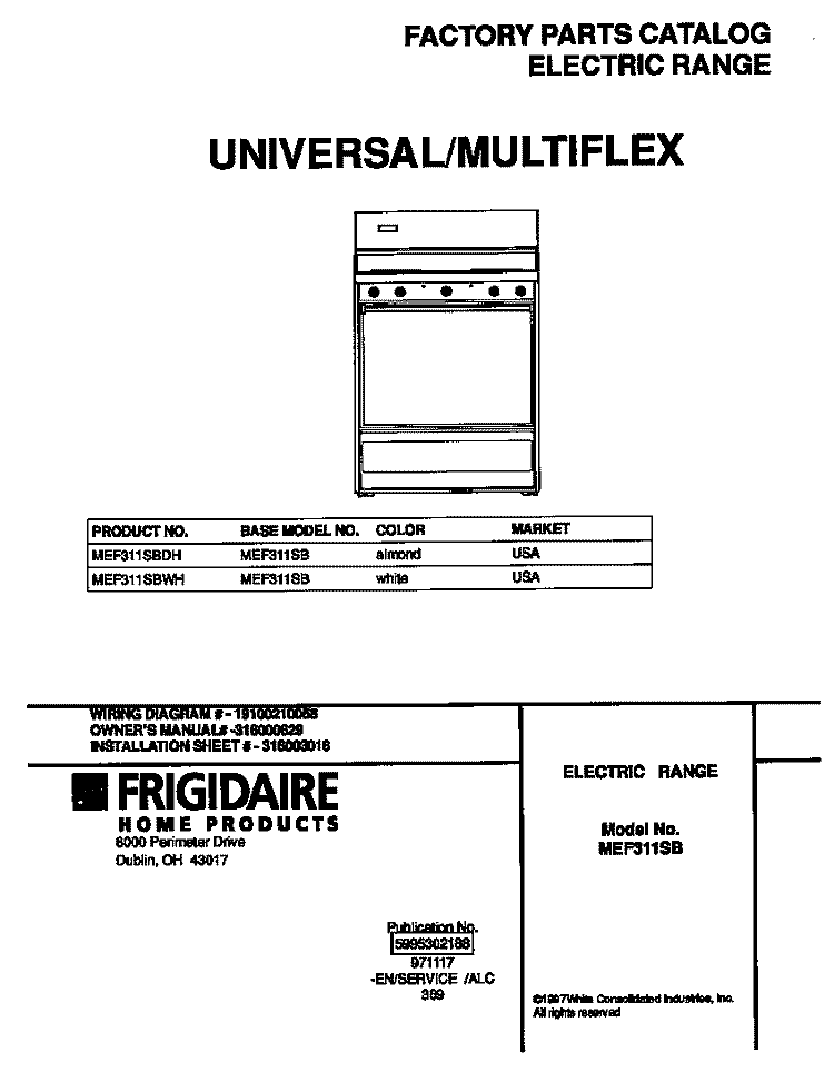 COVER Diagram and Parts List for MEF311SBWH  Frigidaire Range