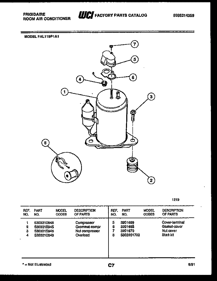 COMPRESSOR PARTS Diagram and Parts List for FAL119P1A1  Frigidaire Air Conditioner