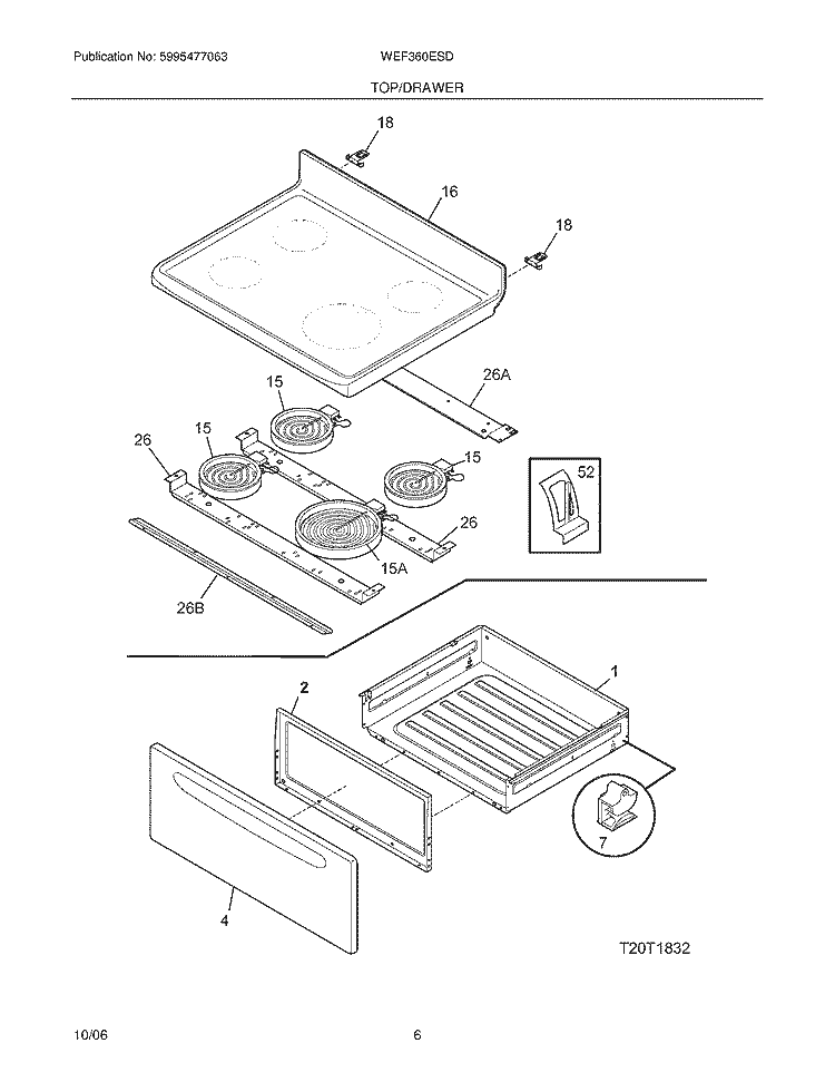 TOP / DRAWER Diagram and Parts List for WEF360ESD  Westinghouse Range