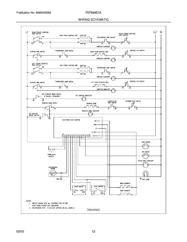 WIRING SCHEMATIC Diagram and Parts List for FEFB89ECA  Frigidaire Range