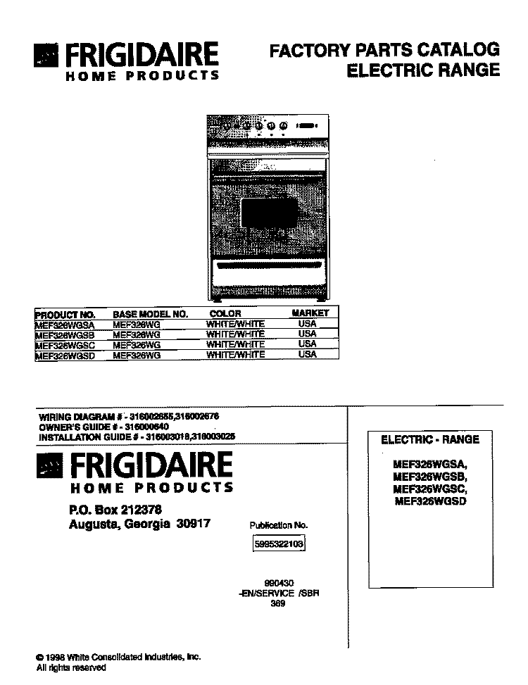 COVER Diagram and Parts List for MEF326WGSC  Frigidaire Range