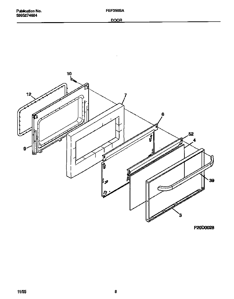 DOOR Diagram and Parts List for FEF350SAWE  Frigidaire Range