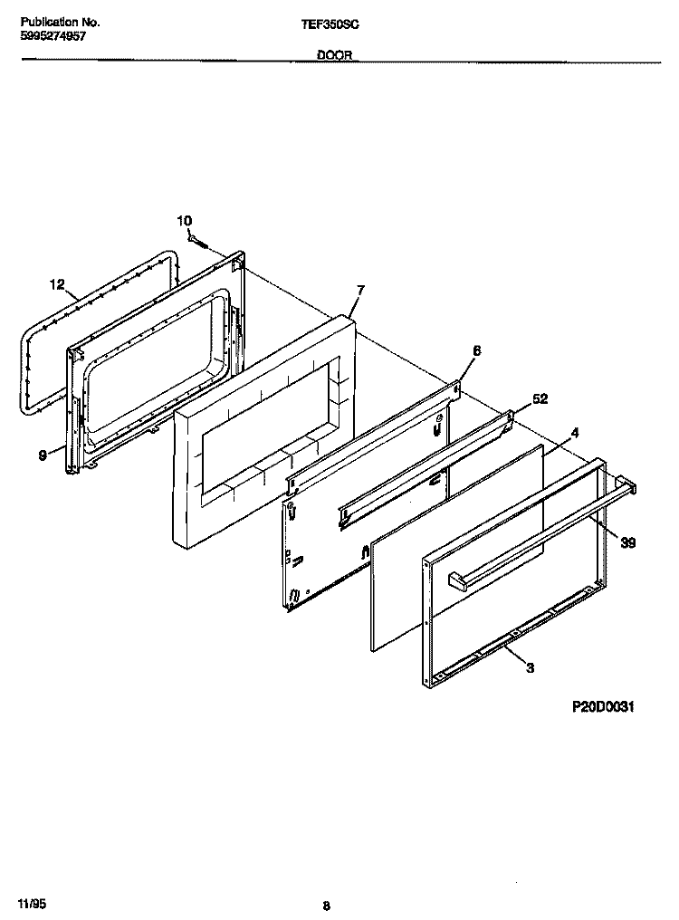 DOOR Diagram and Parts List for TEF350SCDB  Tappan Range