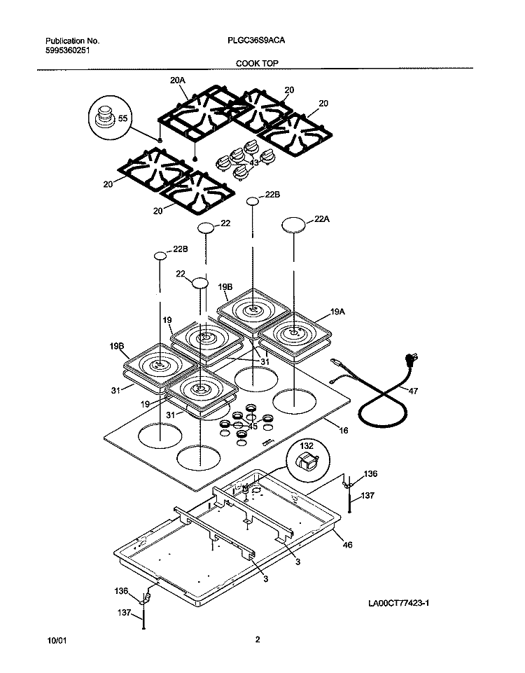 COOKTOP Diagram and Parts List for PLGC36S9ACA  Frigidaire Cooktop