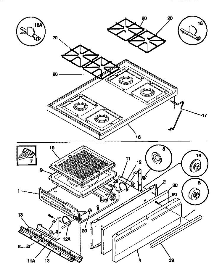 TOP / DRAWER Diagram and Parts List for WGF323BADC  Frigidaire Range