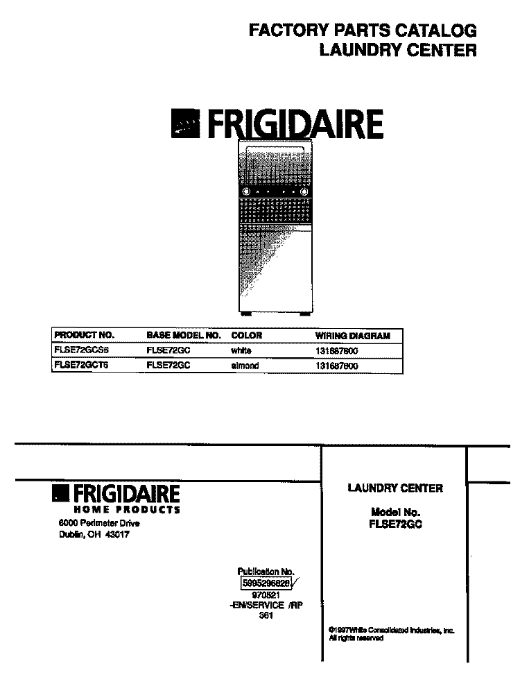 COVER Diagram and Parts List for FLSE72GCS6  Frigidaire Washer Dryer Combo