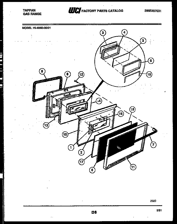 LOWER OVEN DOOR PARTS Diagram and Parts List for 76-4960-00-01  Tappan Microwave Oven Combo