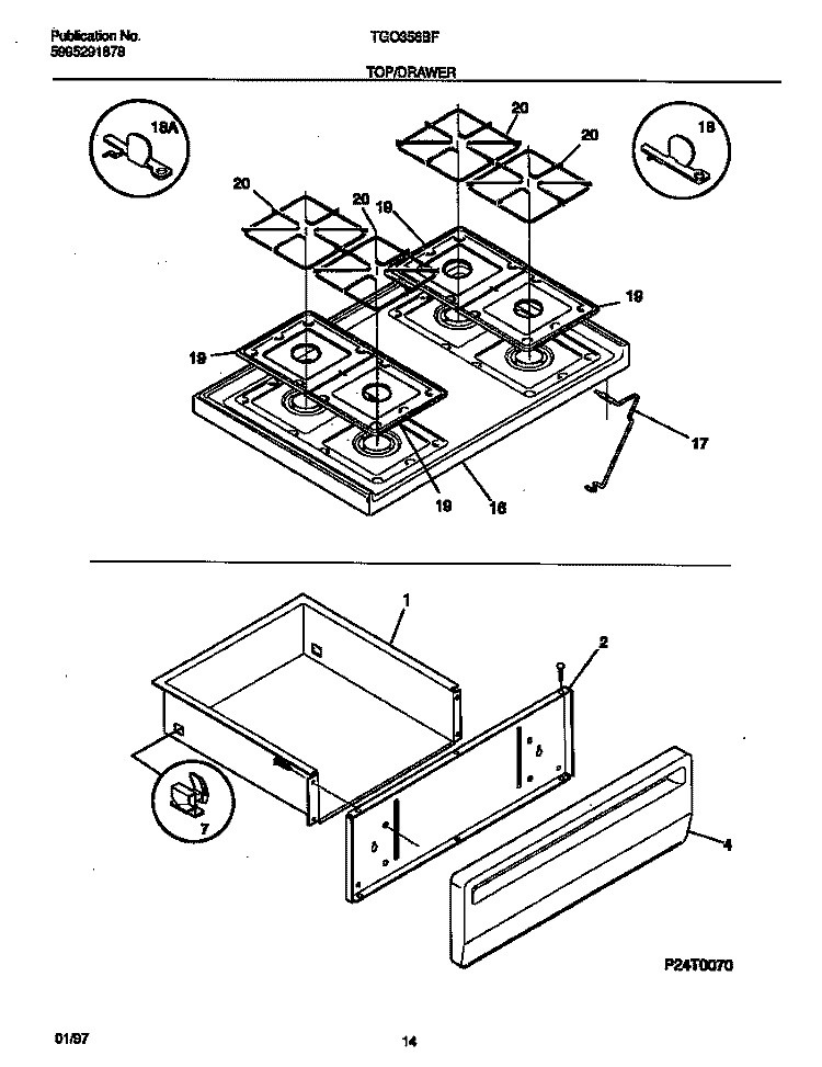 TOP / DRAWER Diagram and Parts List for TGO356BFWA  Tappan Range