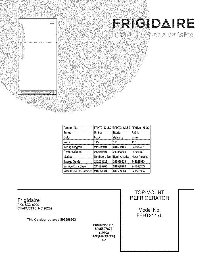 COVER Diagram and Parts List for FFHT2117LW2  Frigidaire Refrigerator