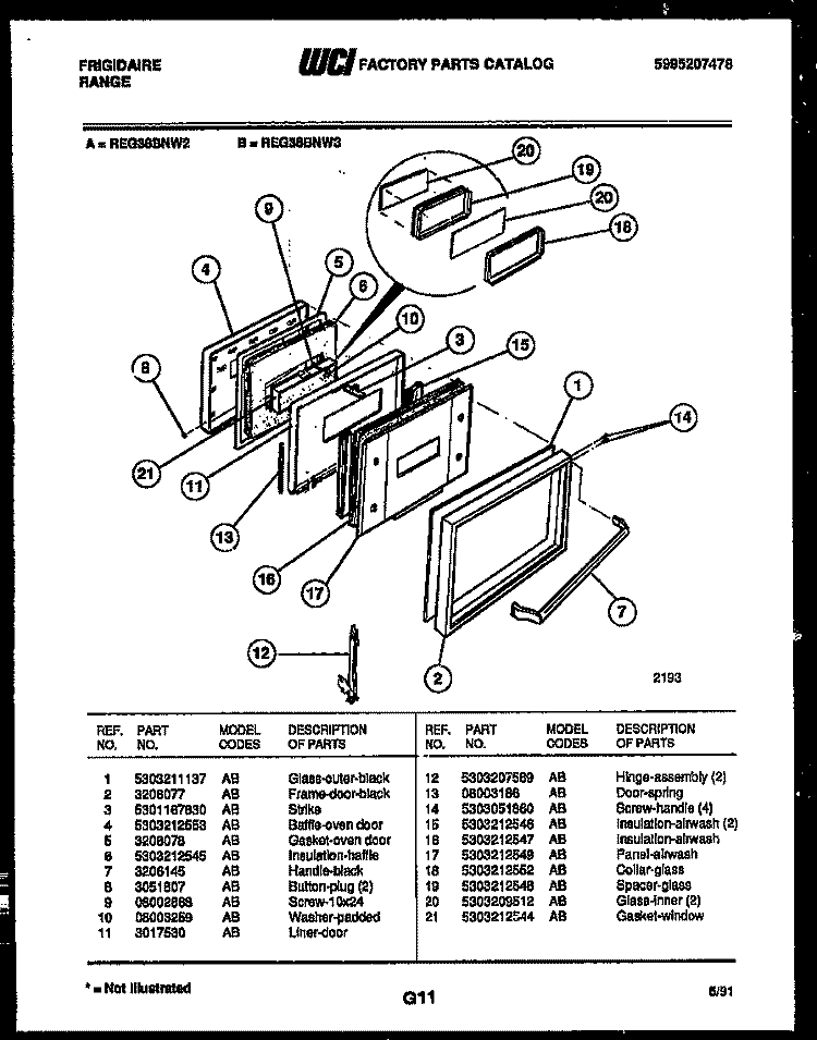 DOOR PARTS Diagram and Parts List for REG38BNL3  Frigidaire Range
