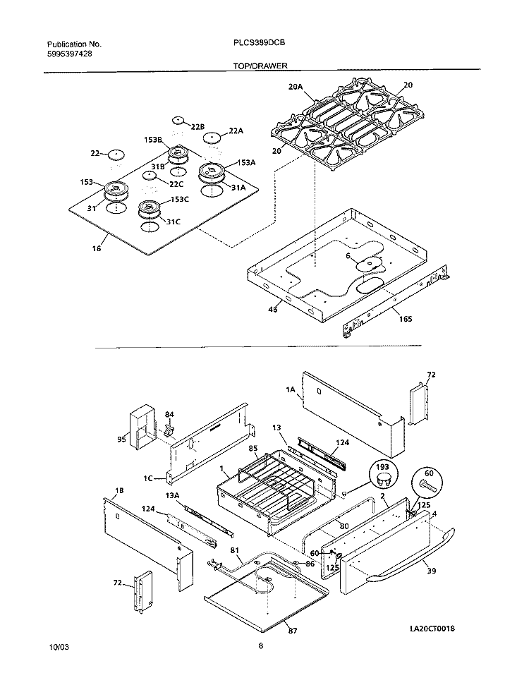 TOP / DRAWER Diagram and Parts List for PLCS389DCB  Frigidaire Range