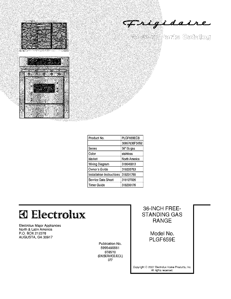 COVER Diagram and Parts List for PLGF659ECB  Frigidaire Range