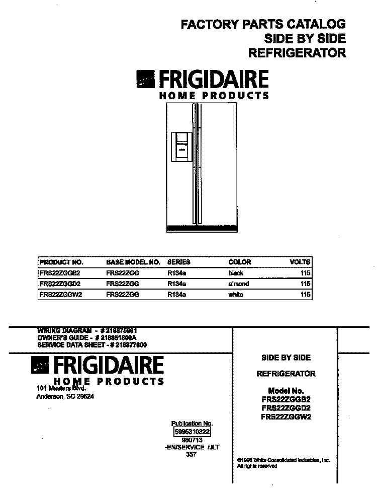 COVER Diagram and Parts List for FRS22ZGGD2  Frigidaire Refrigerator