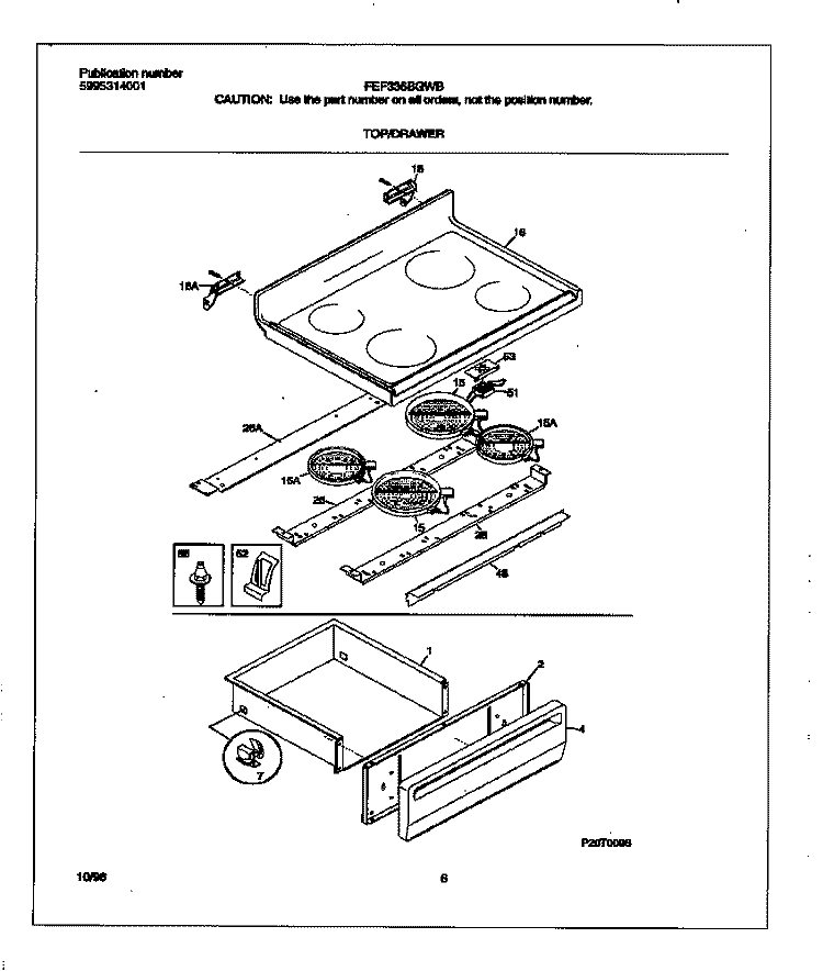 TOP / DRAWER Diagram and Parts List for FEF336BGWB  Frigidaire Range