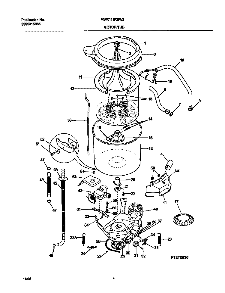 P12T0036 WSHR MTR, HOSE Diagram and Parts List for MWX111REW2  Frigidaire Washer