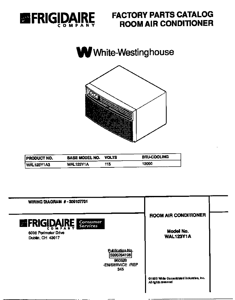 COVER Diagram and Parts List for WAL123Y1A3  Frigidaire Air Conditioner