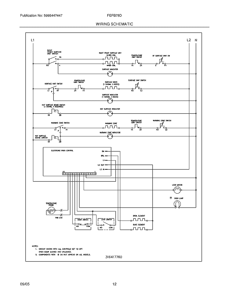 WIRING SCHEMATIC Diagram and Parts List for FEFB78DBF  Frigidaire Range
