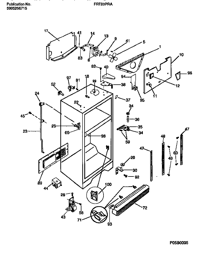 CABINET W / FAN ASSEMBLY Diagram and Parts List for FRT20PRAD2  Frigidaire Refrigerator