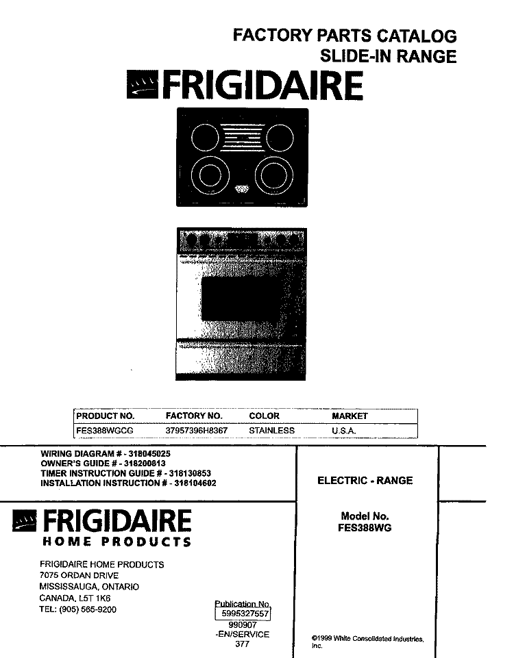 COVER Diagram and Parts List for FES388WGCG  Frigidaire Range