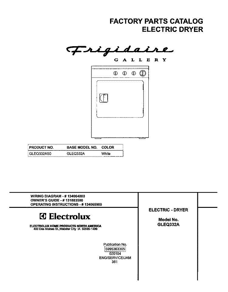 COVER Diagram and Parts List for GLEQ332AS0  Frigidaire Dryer