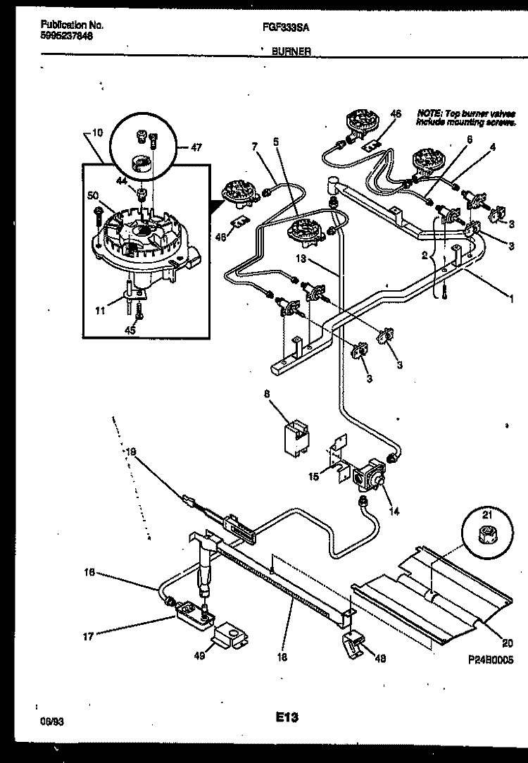 BURNER, MANIFOLD AND GAS CONTROL Diagram and Parts List for FGF333SADA  Frigidaire Range