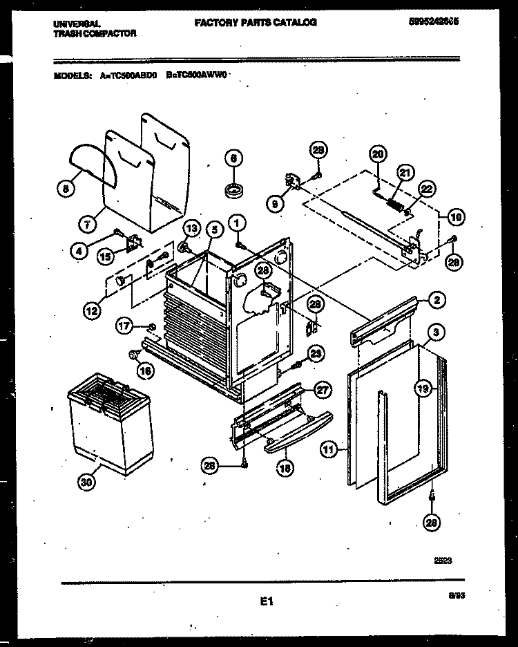 LATCH AND CONTAINER ASSEMBLY Diagram and Parts List for TC500AWW0  Frigidaire Trash Compactor