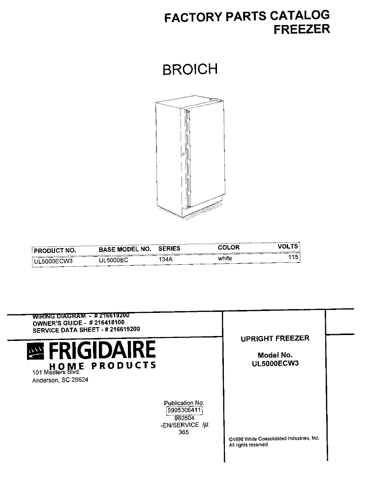 COVER Diagram and Parts List for UL5000ECW3  Frigidaire Freezer