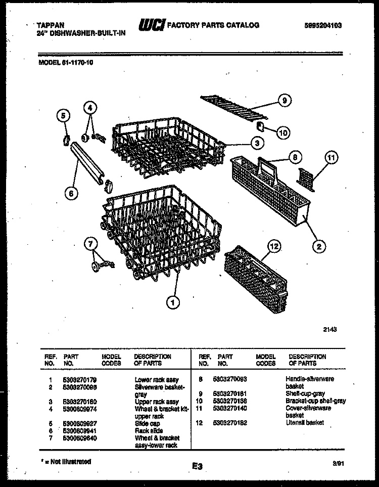 RACKS AND TRAYS Diagram and Parts List for 61-1170-00  Tappan Dishwasher