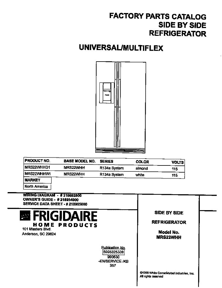 COVER Diagram and Parts List for MRS22WHHW1  Frigidaire Refrigerator
