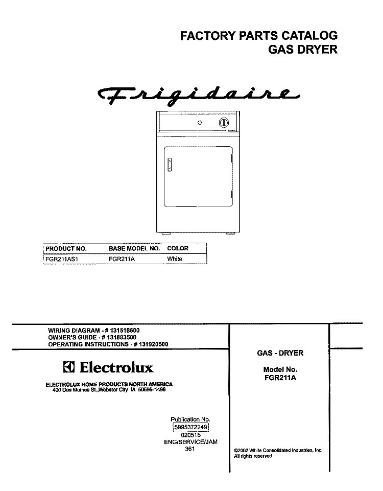 COVER Diagram and Parts List for FGR211AS1  Frigidaire Dryer