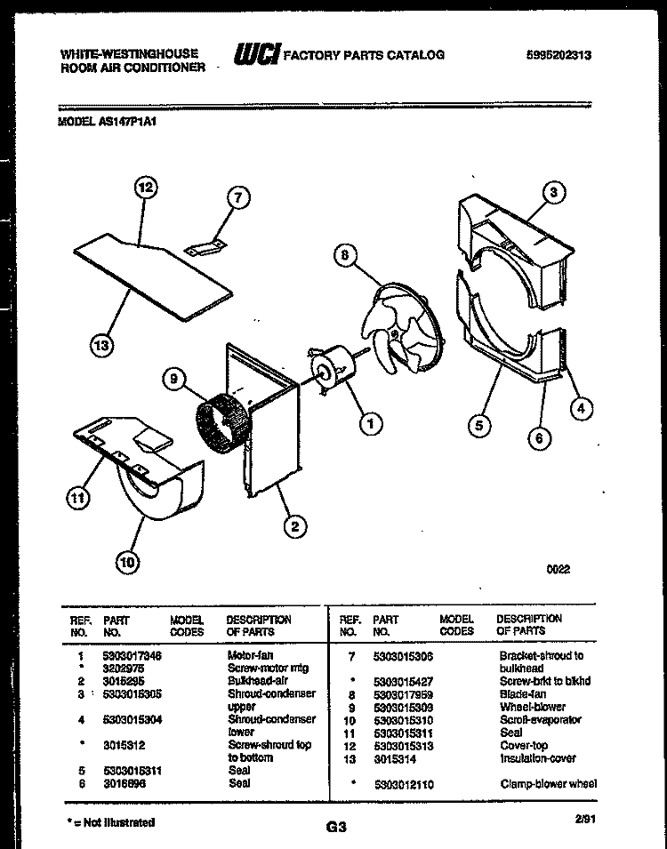 AIR HANDLING PARTS Diagram and Parts List for AS147P1A1  Frigidaire Air Conditioner