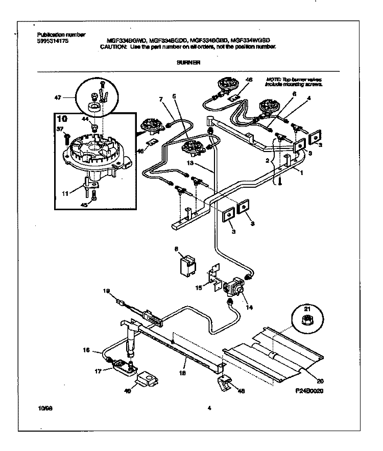 BURNER Diagram and Parts List for MGF334WGSD  Frigidaire Range