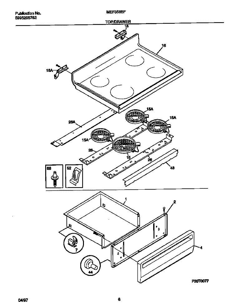 TOP / DRAWER Diagram and Parts List for MEF356BFWA  Frigidaire Range