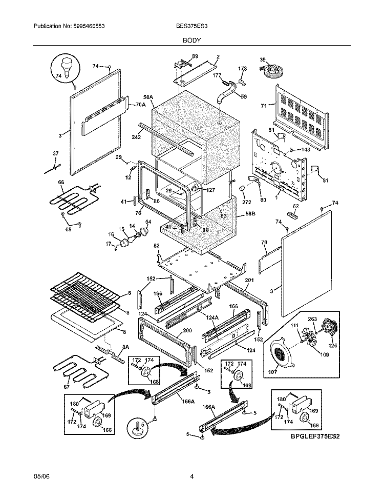 BODY Diagram and Parts List for BES375ES3  Crosley Wall Oven