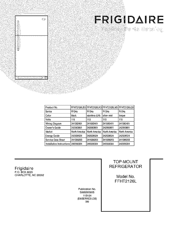 COVER Diagram and Parts List for FFHT2126LM3  Frigidaire Refrigerator