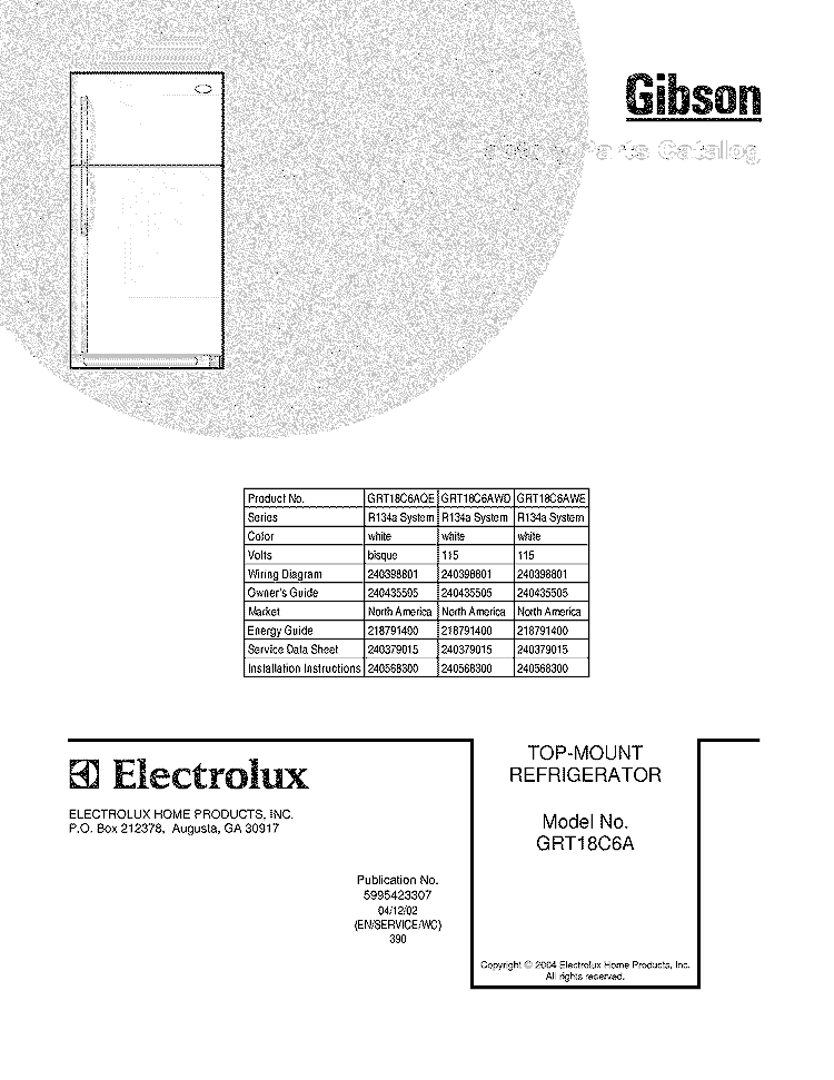 COVER Diagram and Parts List for GRT18C6AWE  Gibson Refrigerator