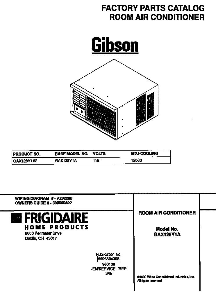 COVER Diagram and Parts List for GAX128Y1A2  Gibson Air Conditioner