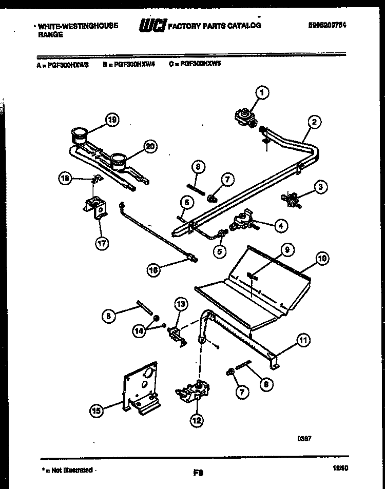 BURNER, MANIFOLD AND GAS CONTROL Diagram and Parts List for PGF300HXW3  Frigidaire Range