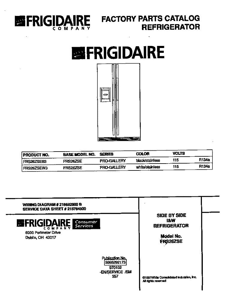 COVER Diagram and Parts List for FRS26ZSEB3  Frigidaire Refrigerator