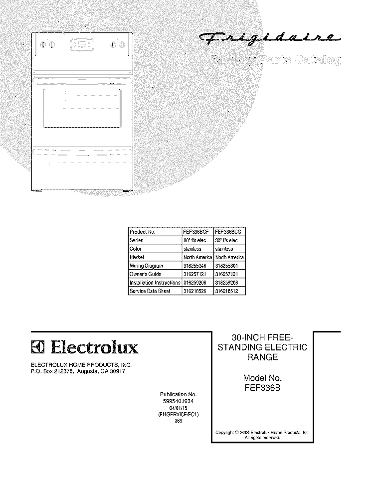 COVER Diagram and Parts List for FEF336BCG  Frigidaire Range