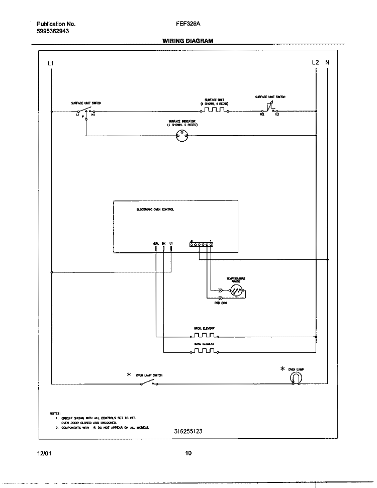 WIRING DIAGRAM Diagram and Parts List for FEF326ABA  Frigidaire Range