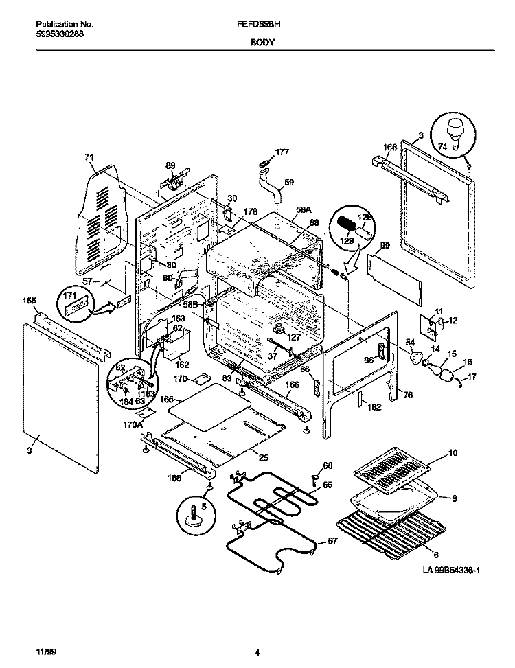 BODY Diagram and Parts List for FEFD65BHDE  Frigidaire Range